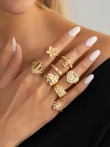 8-Piece Vintage Geometric Rhinestone Ring Set, Women's Heart Flower Cross Rings, Party & Daily Wear Jewelry Gift Set, Heart Shaped Ring