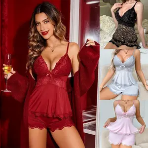 Women's Lace Edge Sleepwear Set: Spaghetti Strap Sleepshirt & Shorts, Cozy Two-Piece Pajamas for Home, Lounge, and Relaxation