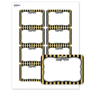 Avery Printable Adhesive Name Tags, 2-1/3" x 3-3/8", Matte White, Pre-printed Metallic Gold & Black Stripes/Bow Design, Laser & Inkjet Compatible, 160 Total