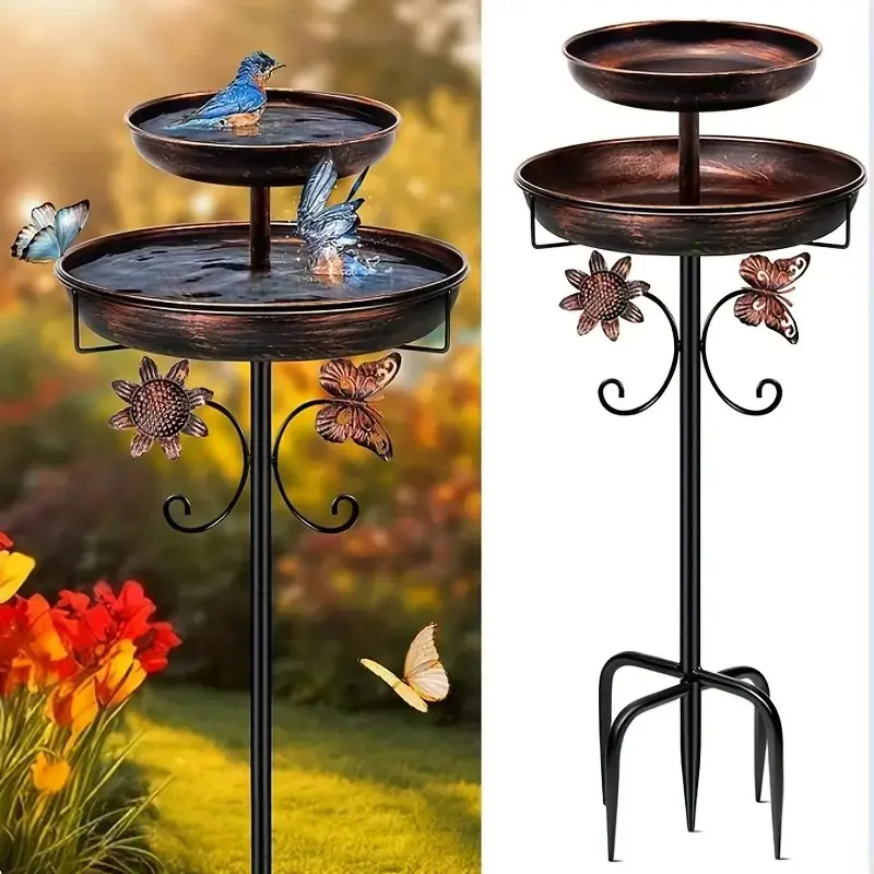Heavy Iron Double-Layer Outdoor Bird Bath (42-in) - Fountains & Bird Baths, Includes 7.9-in Feeder & 12-inch Water Bowl, 5-Legged Stable Base, Rust-Resistant, Copper Look, Easy to Install & Clean, Long-Lasting Use, Backyard Garden Decor Gift