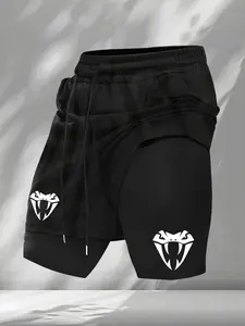 Men's fake two-piece training shorts with snake head pattern screen printed, breathable mesh outer layer and compression lining, drawstring waist, for MMA, gym exercise and running, durable contrasting print, Athletic wear shorts