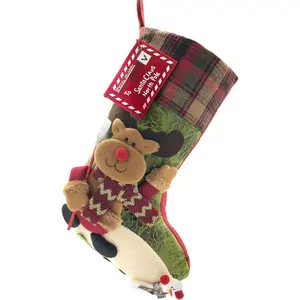 P-SOK09    21 inch Plaid Christmas Stockings Deer, Bear, Animal One Piece, Felt Large Plush 3D Reindeer Snowman Design Hanging Stocking for Girls Boys Xmas Tree Mantel Party Decor (Green)
