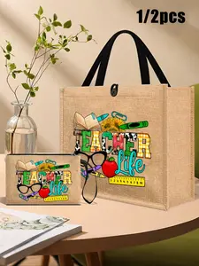 Creative Teacher Letter Printed Linen Handbag,Hand Rope Linen Coin Wallet,Block Shaped Shopping Bag, Teacher Thank-You Gift, Women's Linen Large Capacity Handbag. Multi Functional Portable Teacher Handbag, Women's Gift, Teacher's Day Gift, Tote Bags