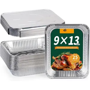 Foil Pans with Lid 9x13 Disposable Baking Pans 25 Pack Heavy Duty Half Size Tin Foil Trays for Steam Table, Roasting, Cooking, Heating, Freezing