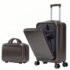 2 Piece Front Opening Luggage Set 14 Inch 20 Inch Carry On Suitcase with TSA Lock Front Open Design and Makeup Case Travel Luggage Set brown