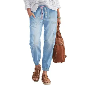Women’s mid-rise cargo jogger jeans — vintage washed, loose fit, multi-pocket casual denim pants