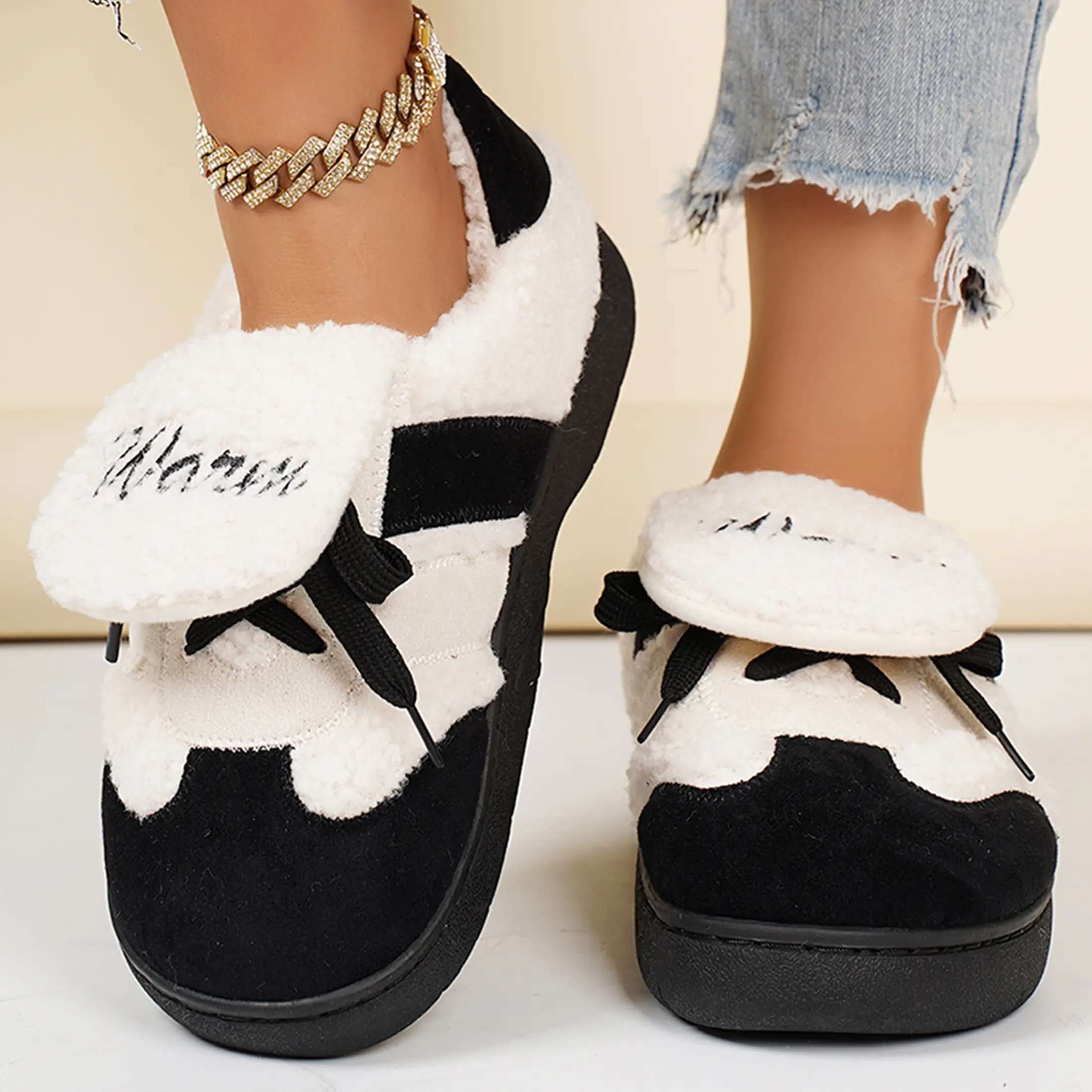 Warm Plush Sneaker Slippers for Women Retro Color - Block Mini Snow Boots Cozy Indoor Outdoor Shoes