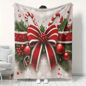 Christmas Bow Design Blanket, Luxurious Flannel Throw, Warm and Comfortable, 280gsm Polyester Fabric, Travel Blanket, Ideal for All Seasons