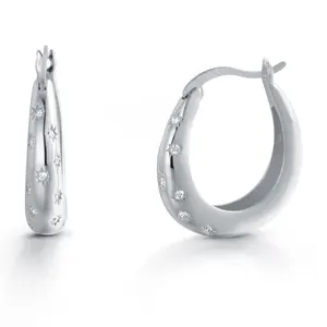925 Sterling Silver With 14k Gold Plated Oval Cz Huggie Hoop Earrings, Dome Hoop Earrings, Cz Chunky Huggies, Perfect Gift For Any Occasion