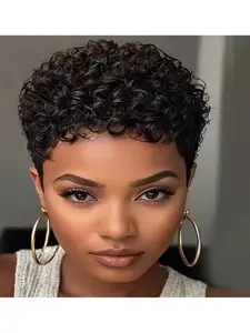 Short Pixie Cut Wigs Made From Human Hair, Glueless Curly Wig, Featuring Voluminous Waves And A Curly Style, They Offer A Comfortable Appearance with No Upkeep Needed, Making Them Suitable for Different Events, Measuring 6 Inches