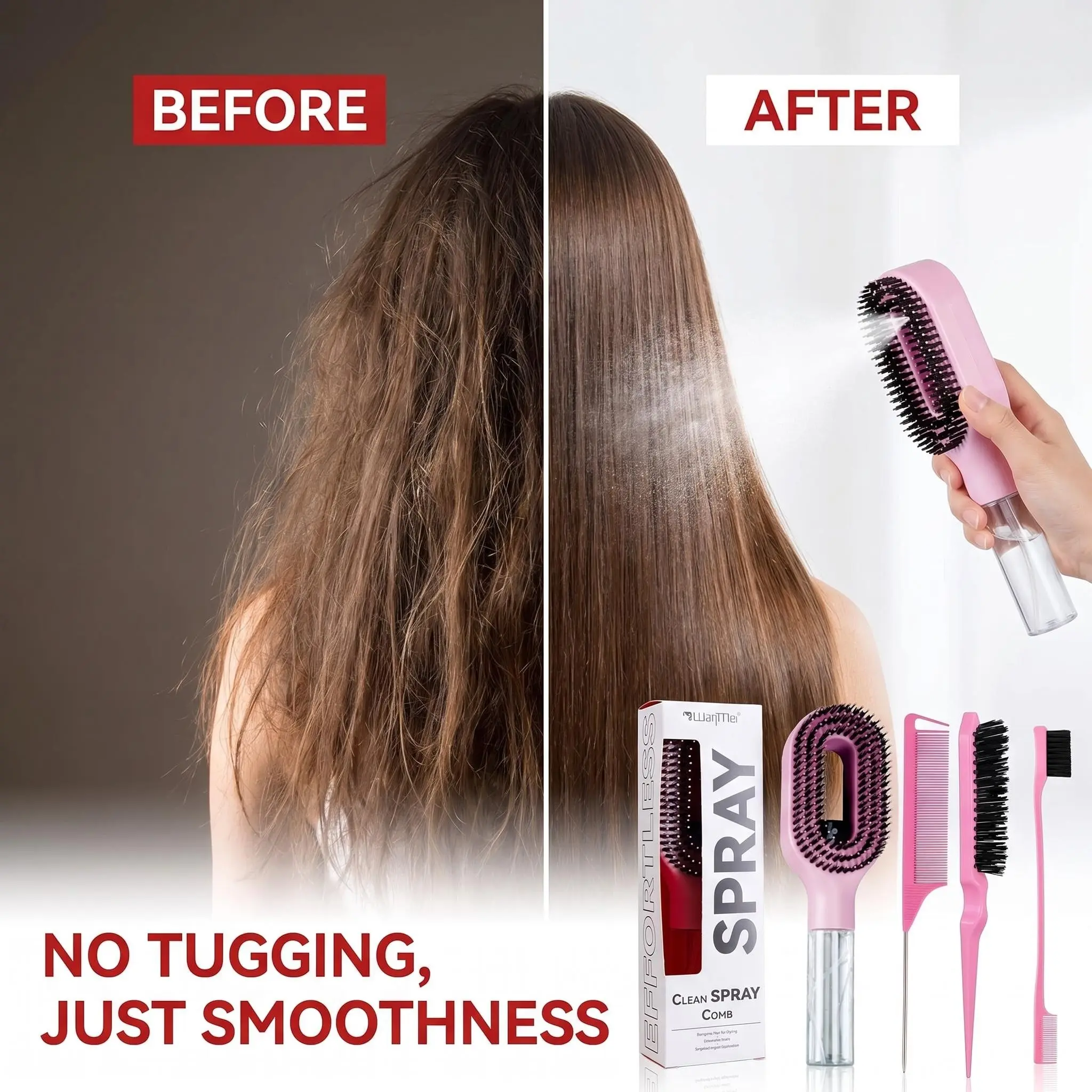 4pcs Portable Hairbrush Mister Spray for Women, 2-in-1 Water Spray Detangling Comb for Quick Morning Hair Styling, Lightweight Anti-Frizz Hair Care Brush for Wet & Dry Hair, Easy Travel Salon Styling Tool for Daily Use, Tangle Free Hair, Detangler Brush
