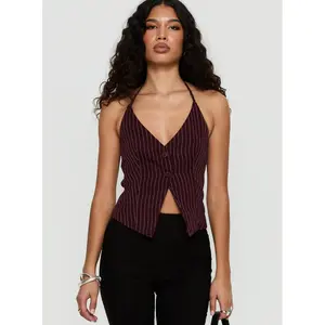No Sleep Halter Top Burgundy Pinstripe