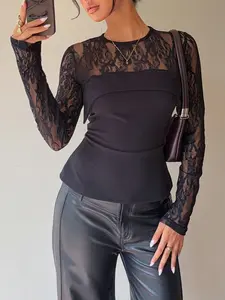 Women's Elegant Lace Patchwork Sheer Blouse, Slim-Fitting Lace Top, Plain Design, All Seasons Fashion
