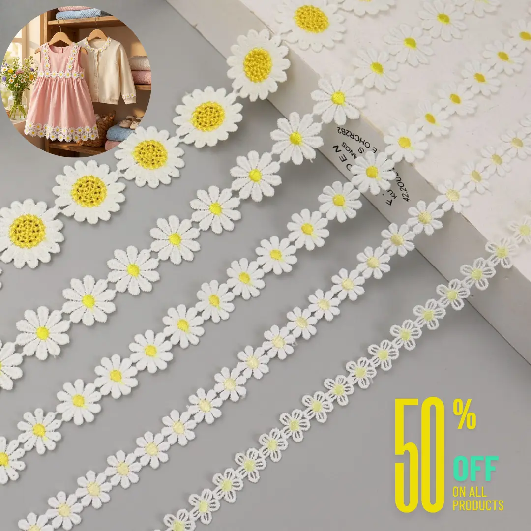 IDONGCAI Floral Daisy Lace Trim Embroidered Ribbon - 2.5cm Wide, 5Yards Yellow Fabric Sewing Supply with Embroidered Detail for DIY Projects, Crafting