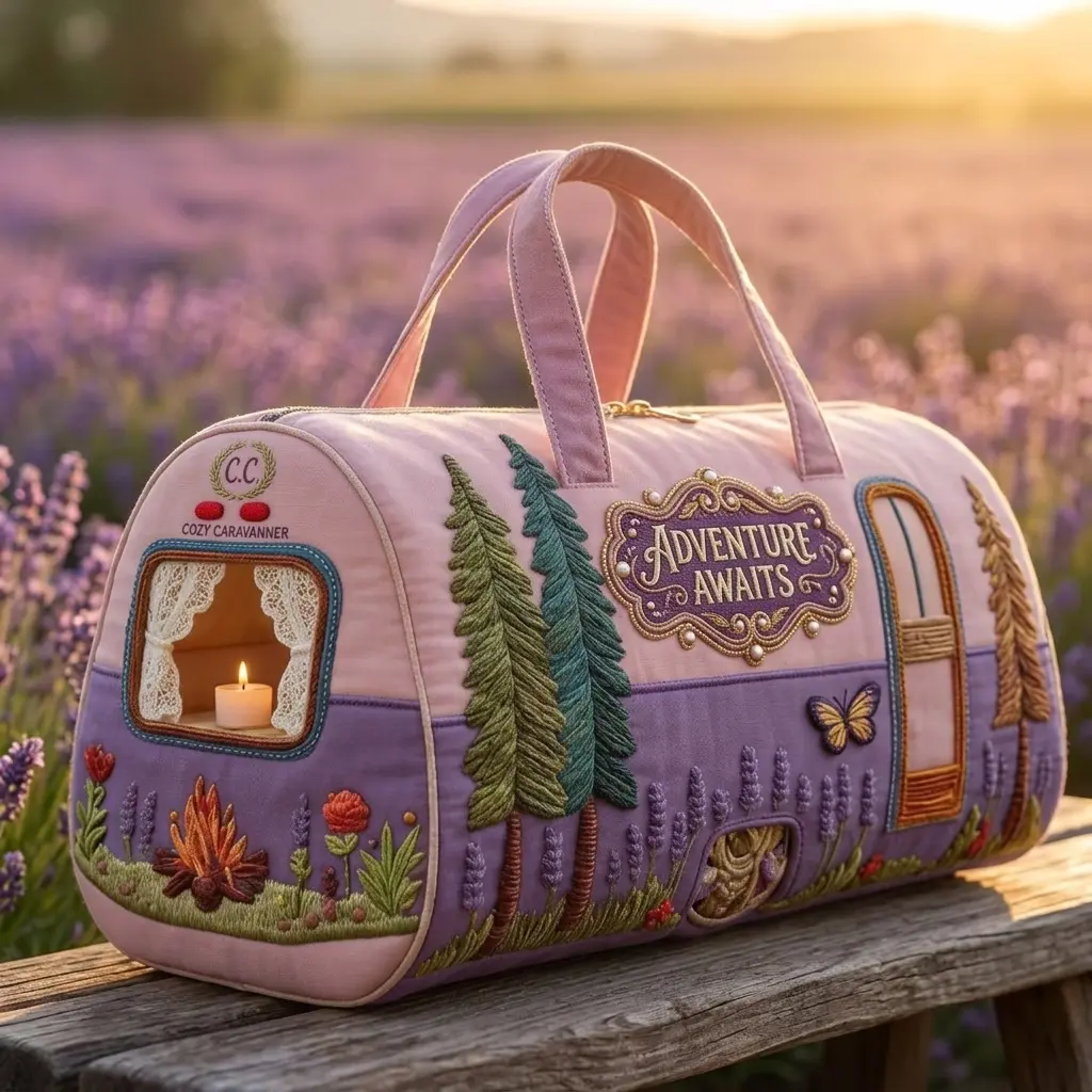Travel Duffel Tote Bag for Women, Vintage Camper Lavender Forest Butterfly Floral Print, Quilted Polyester, Large Capacity, Soft Lightweight Portable Carry Bag for Weekend Getaway, Overnight Trip, Outdoor Vacation, Road Trip, Camping, Shopping