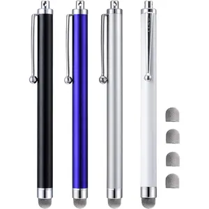 Stylus, 4 count 5.0 Inch Mesh Fiber Tip Stylus Pens for Touch Screen, Compatible with iPad, , Kindle Fire, 4 Extra Replaceable Hybrid Fiber Tips (White, Black, , Blue)
