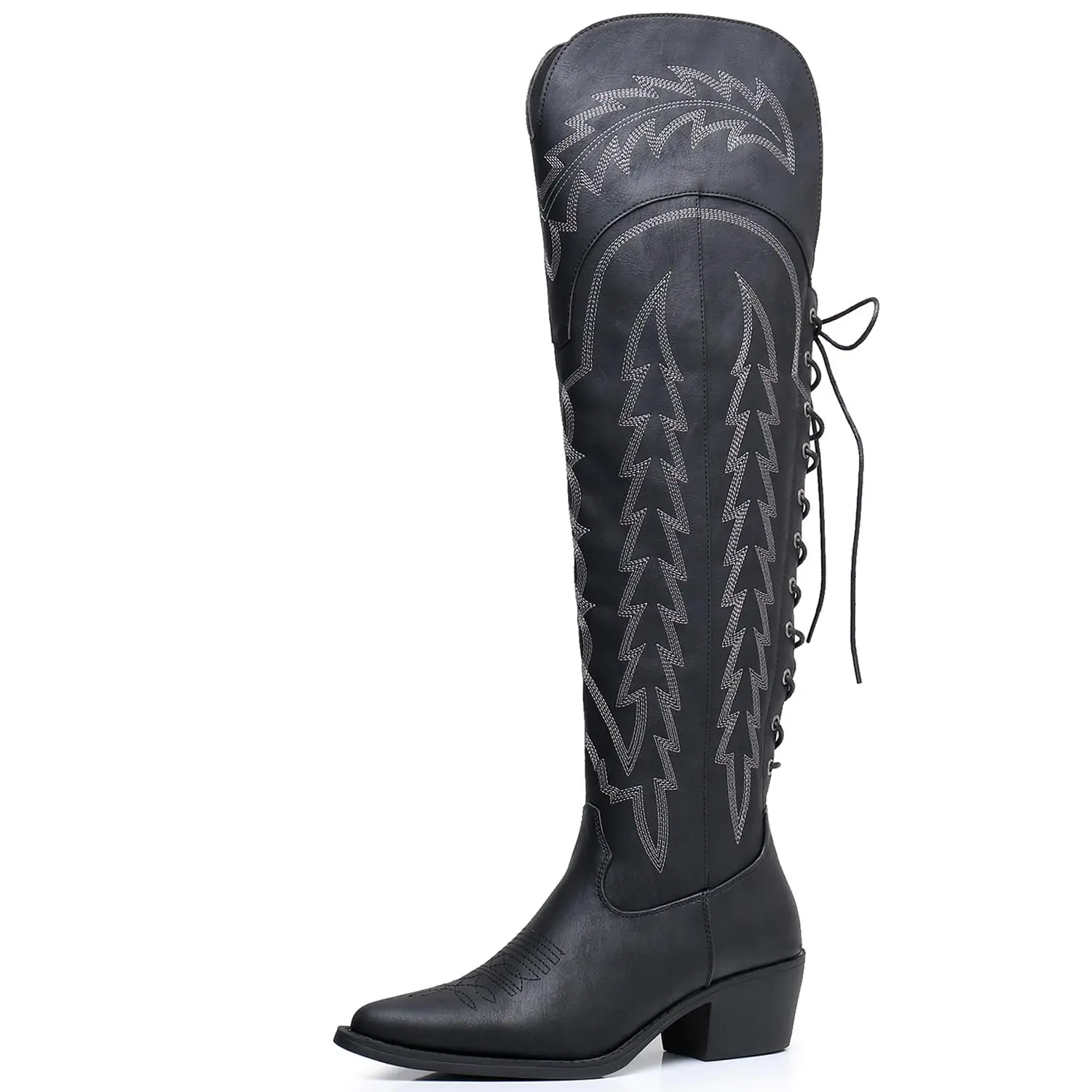 GLOBALWIN Women's Black Cowboy Western Fashion Over The Knee Thigh High Cowgirl Boots Low Heel Pointed Toe Boots Cowboy boots With Embroidery Over The Knee boots botasvaqueras outfits