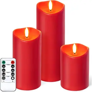 Outdoor Flameless Candles with Remote Timer -  Realistic Flickering LED Pillar Electric  Operated  Candle for  Wedding Christmas Decor - 3 Pack Red(D3"H4"6"8")