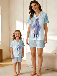 3D Ice Blue Anime Parent-Child Pajamas, Traditional Style 3D Print, Mother-Daughter Home Wear, Cool and Comfortable Sleepwear