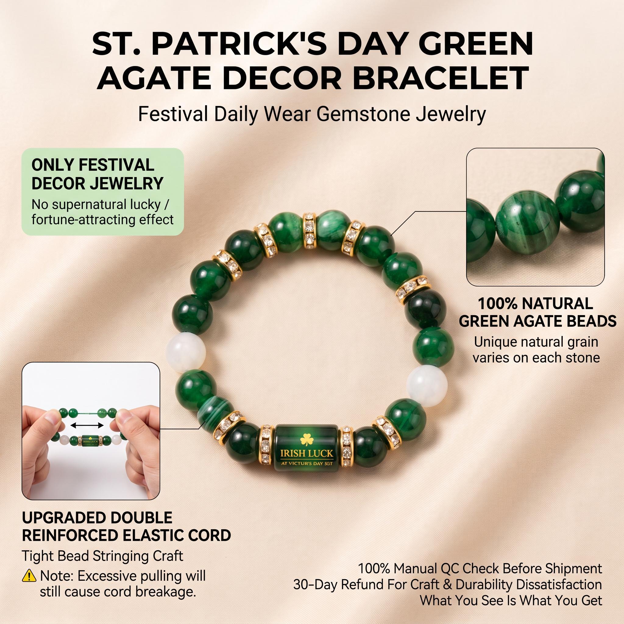Irish Luck St. Patrick's Day Bracelet | Green Agate Lucky Clover Beaded Bracelet with Rhinestones | Luck Bracelet - Attract Wealth, Abundance and Perfect Good Luck Gift for 2026!