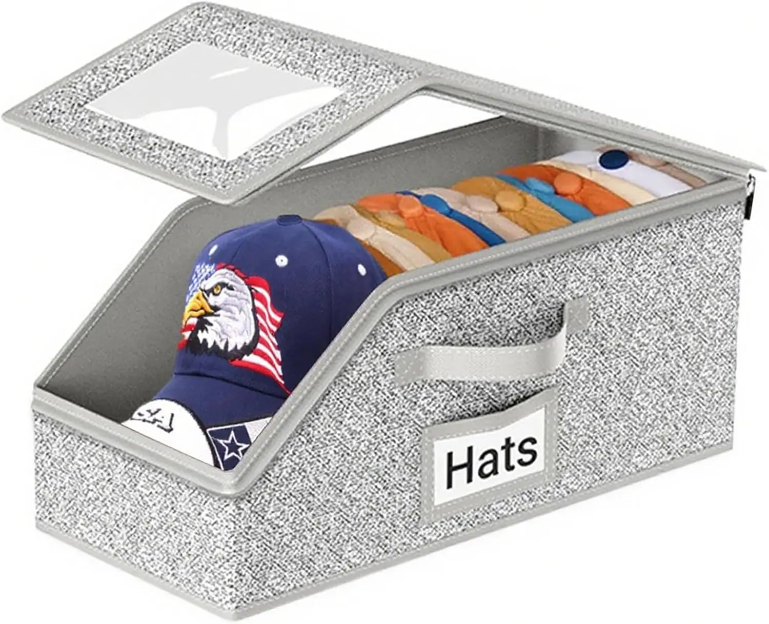 Grey Collapsible Durable Dustproof Cardboard Hat Organizer with Label Slot, Side Handles, Lid, Multi-Accessory Storage Boxes, 24 Baseball-Snapback Cap Capacity, Sturdy Bedroom Storage for Men