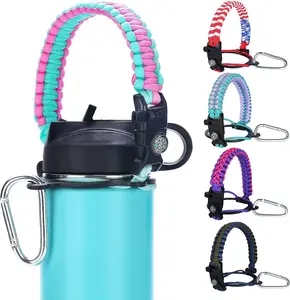 Paracord Handle Strap - Fits Wide Mouth Bottles 12oz to 64oz - Multicolor Durable Hydro Carrier, Flask Water Bottle Paracord Carrier Strap with Safety Ring, Compass and Carabiner (Gradient Blue)