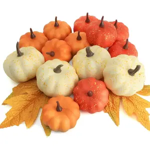 16PCS Realistic Mini Pumpkin Decor,Fall Decor with Pumpkins Maple Leaves, Artificial Pumpkin Decor for Autumn Filler, Realistic Pumpkin Decorations for Halloween Thanksgiving Fall Home Decor
