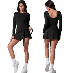 Womens Long-Sleeve High Neck Tennis Dress with Wrap Skirt Design, Built-in Shorts, Golf Athletic Dress  cute summer dresses Cute Tie Front Romper