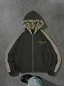 Deep Hooded Striped Sweatshirt with Leopard Print Hat, Hooded Design, Street Style, Soft Comfortable Fabric, Perfect for Casual Wear, All Seasons