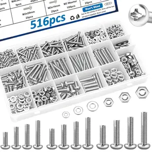 516Pcs Nuts and Bolts Assortment Kit 21-Sizes M3/M4/M5/M6 Nut Bolt Washer Assortment Kit for Machinery, Furniture, Automotive, Motorcycle Repairs