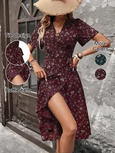Women's Summer Floral Print Wrap Dress, Side Tie Design, Ruffle Hem, Fitted Midi Dress, Bohemian Style, Casual Wear, Short Sleeve, Ditsy Floral Pattern, Boho