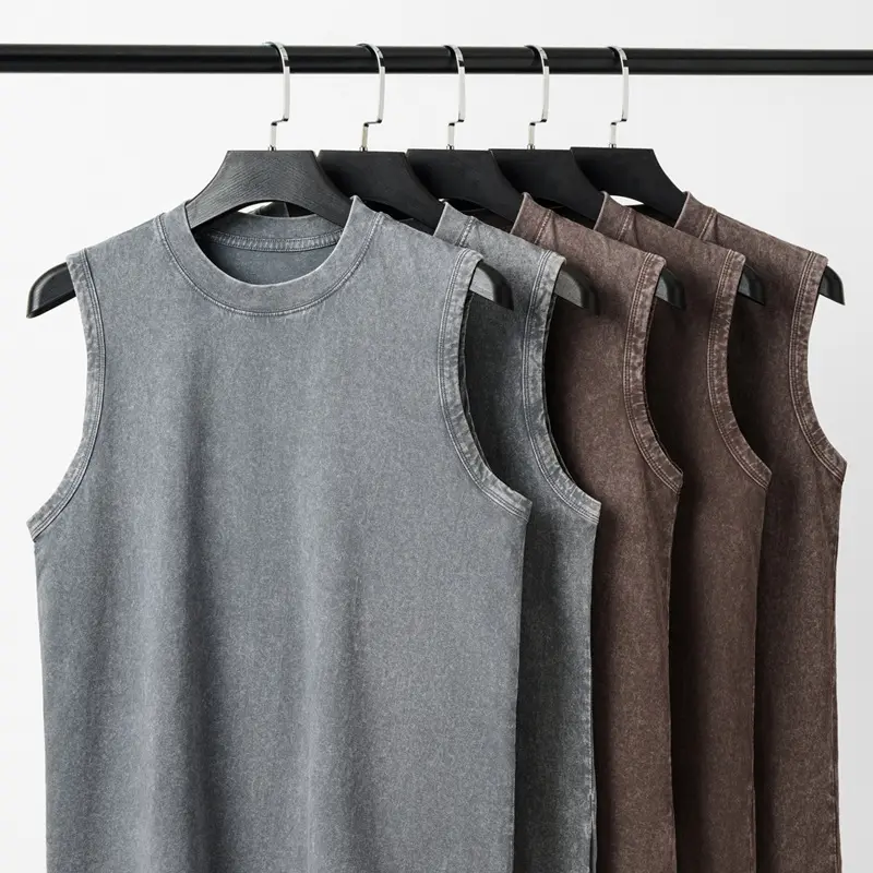 210g Pure Cotton European and American High Street Retro Washed Distressed Sleeveless Vest Men's Casual Loose Shoulder T-shirt