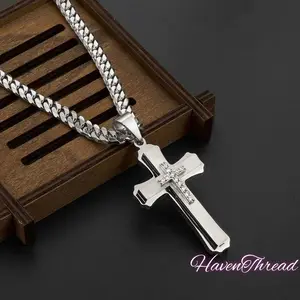 HavenThread 316L Stainless Steel Men's Multilayer Cross Pendant Necklace, Fashionable Accessories, Elegant Design, Durable Build for Chain, Multilayer Necklace