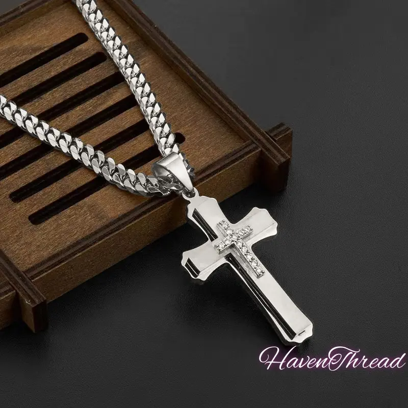 HavenThread Men's 316L Stainless Steel Multilayer Cross Charm Necklace, Durable Jewelry for Sports & Outdoor, Crucifix, Chain Accent, Cross Ornament Style, Stainless Steel Necklaces