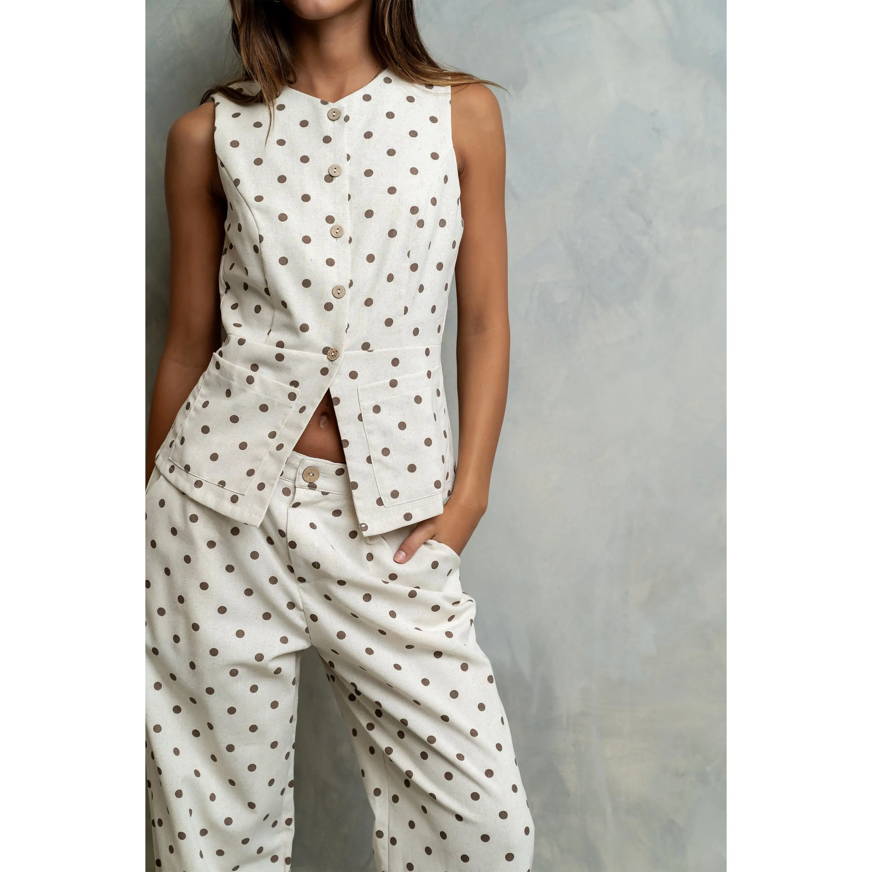 Women's Natasha Polka Dot Print Cotton Vest, 1-Piece Style with Matching Details and Functional Pockets