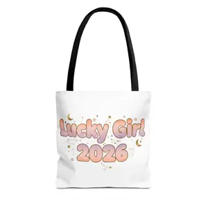 Lucky Girl 2026 Tote Bag - Cute Pastel Horoscope Gift, Durable 100% Polyester, Reinforced Handles, Boxed Corners, 5 Handle Colors, Cartoon Style, Soft Dreamy Tote