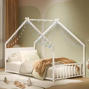 Twin Size House Bed with Roof and Colorful Lights, Metal Bed Frame with Slats and Legs, No Box Spring Needed