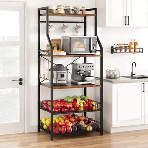 【GARVEE】Kitchen Bakers Rack with 5-Tier Storage Shelves, 2 Large Wire Baskets, 8 Hooks, and Rustic Brown Industrial Design for Organizing Microwave, Coffee Bar, Spices, Pots, and Kitchen Utilities