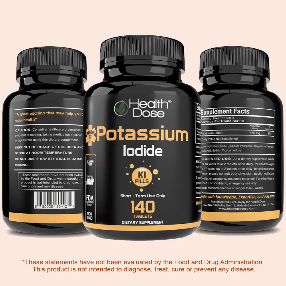 Health Dose Potassium Iodide (KI) 130mg Gluten-Free Capsules - 140 Count Bottle for Adults, Radiation Protection, Thyroid Support - 10-Year Shelf Life Dietary Mineral Supplement