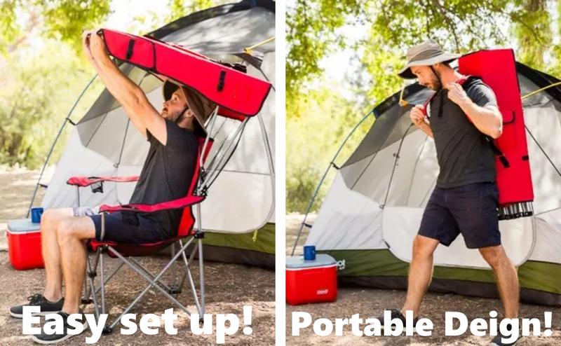 New Upgrade Wide lawn chair, camping chair with foldable sunshade, suitable for beach camping, foldable outdoor fishing/sports | Comes with two cup holders and storage bag