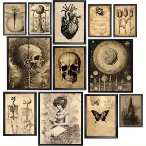 12pcs Gothic Art Prints, Unframed 20.32x25.4 Cm Dark Academia Wall Decor, Vintage Anatomy & Botanical Sketches, Gothic Room Decor, Paper Material, Gothic Home Decor, Perfect for Room Decor