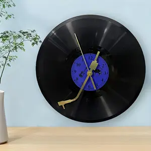 Vinyl Record Wall Clock Classic Blue Dial Sticker Ideal Home Hotel Decor Perfect Gift for Christmas Halloween Birthdays Easter (Battery Not Included)