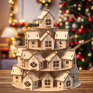 24pcs 3D Tiered House Christmas Advent Calendar, 24 Numbered Doors & Stand, 3-Story Countdown Calendar, Sturdy Wood, Family Holiday Activities