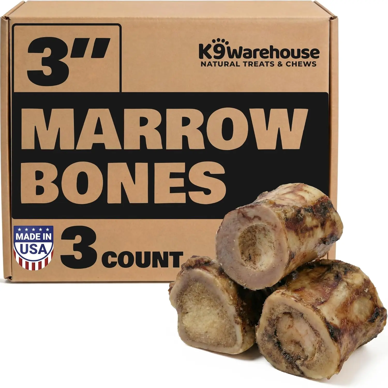 K9warehouse Marrow Beef Dog Bones - 3 pack - 3 inch - Made in USA - For Small, Medium and Large Dogs - All Natural Treats, Hand Picked, Supports Dental Health