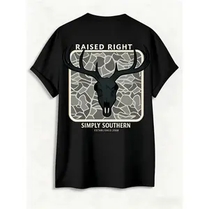 Men's Letter & Deer Print Round Neck T-Shirt Regular Fit Casual Short Sleeve Summer Daily Wear Tropical Graphic Top