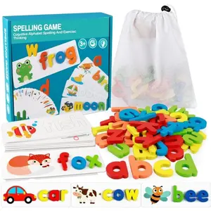 Wooden Toddler See and Spelling Learning Toy Matching Alphabet Word Game with 56 Different Words on 28 Two-Sided Cognitive Cards Letter Jigsaw Puzzle Toys for Kid’s Montessori Preschool Education