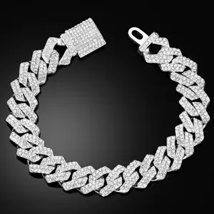 14mm Iced Prong Link Cuban Chain Bracelets for Men Women Full Rhinestones Chunky Miami Cuban Bracelet Punk Hip Hop Jewelry Gift