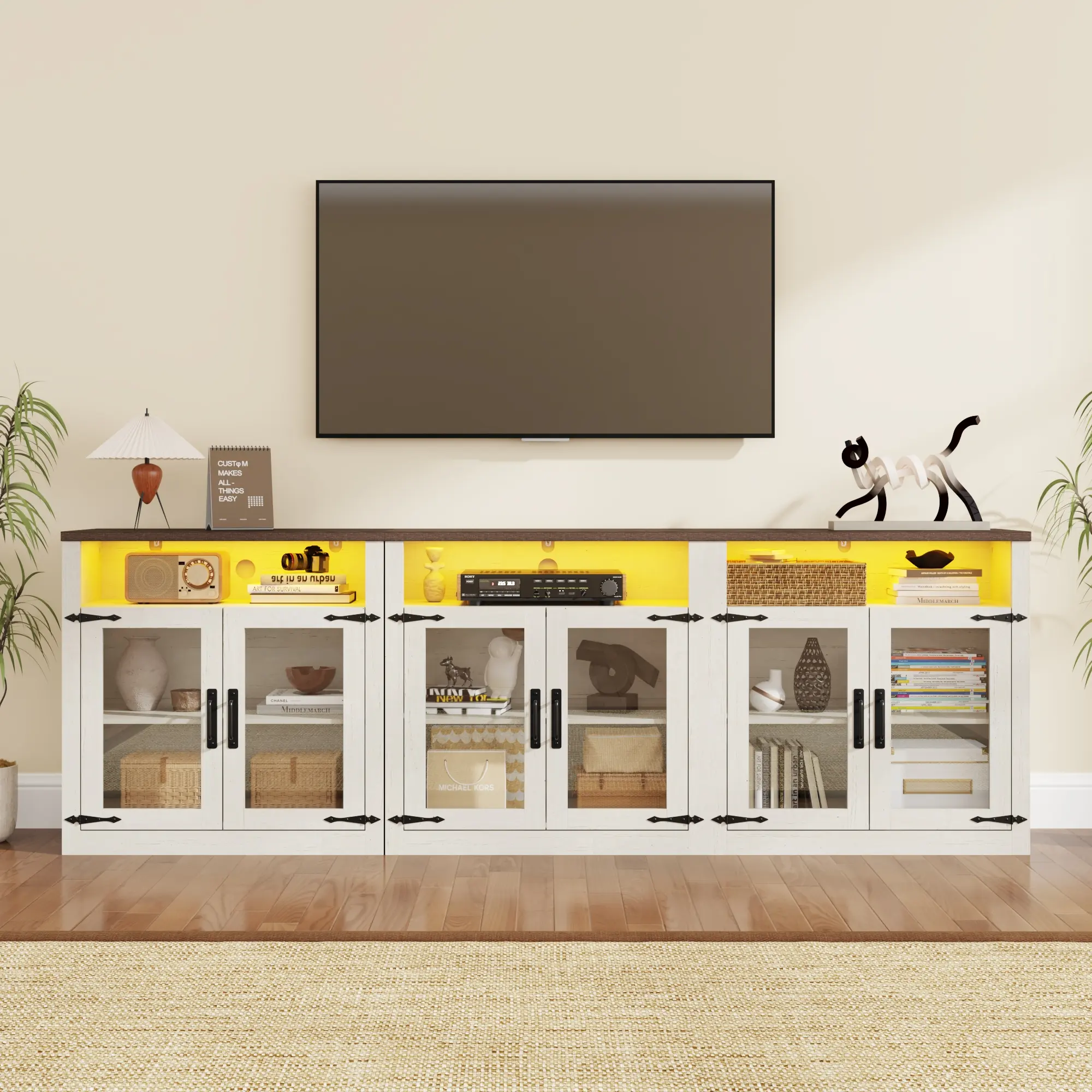 Farmhouse TV Stand - 94.5" Modern Wood Media Console with Storage & LED Lights, Fits TVs up to 100", Tv Shelf, Wooden Tv Console