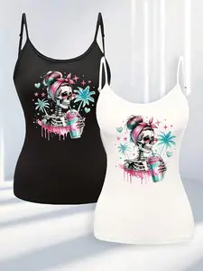 Women's Skeleton & Drink Print Tank Top, Casual Sleeveless Top for Daily Wear, Ladies Clothes for All Seasons, Socks