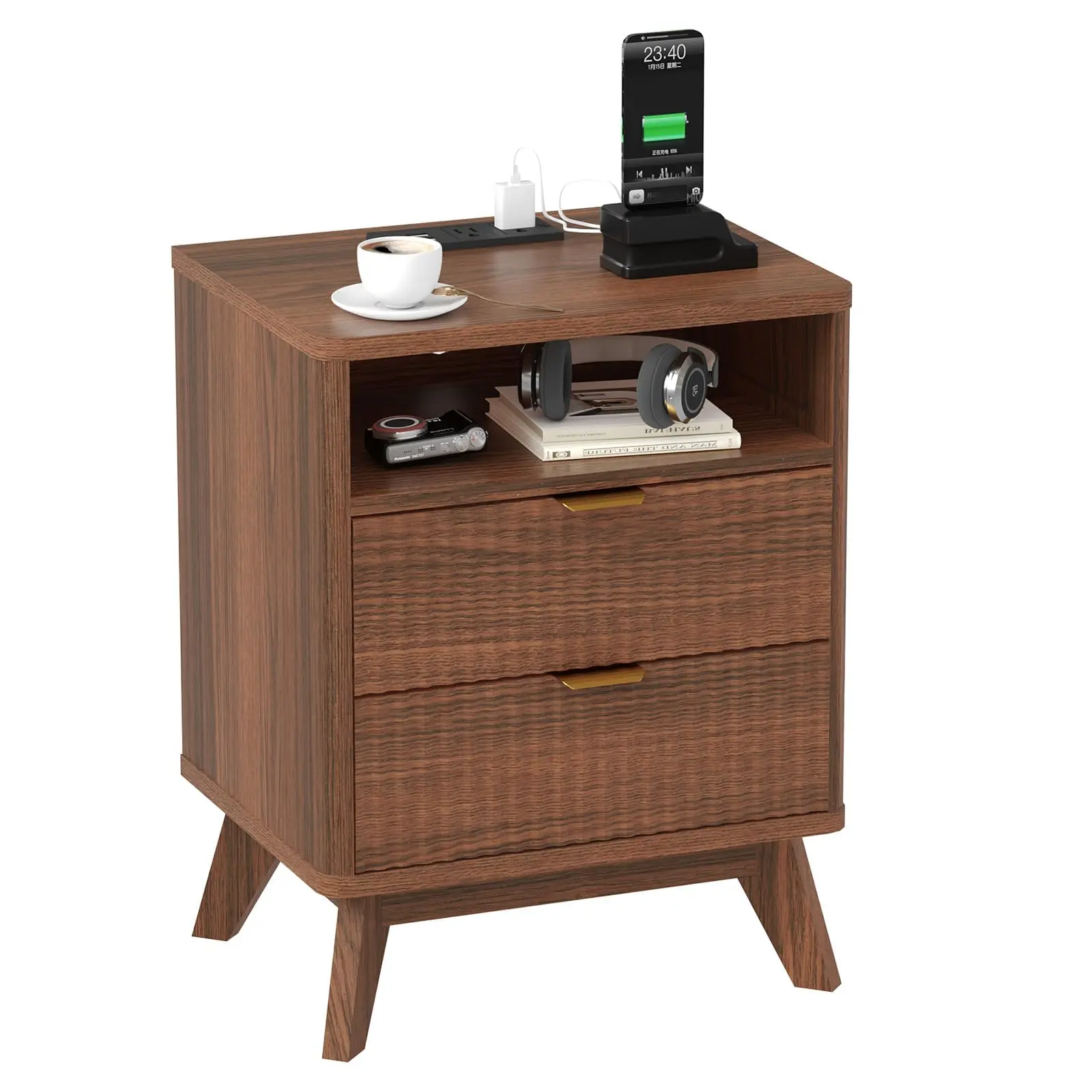 Fluted Nightstand with 2 Drawers and USB Charging Station, Natural Wood Night Stand, Open Shelf Walnut Bedside Table for Living Room Bedroom,Walnut